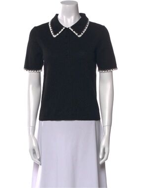 Caroline Constas Black Short-Sleeve Knit Polo with White Scallop Trim